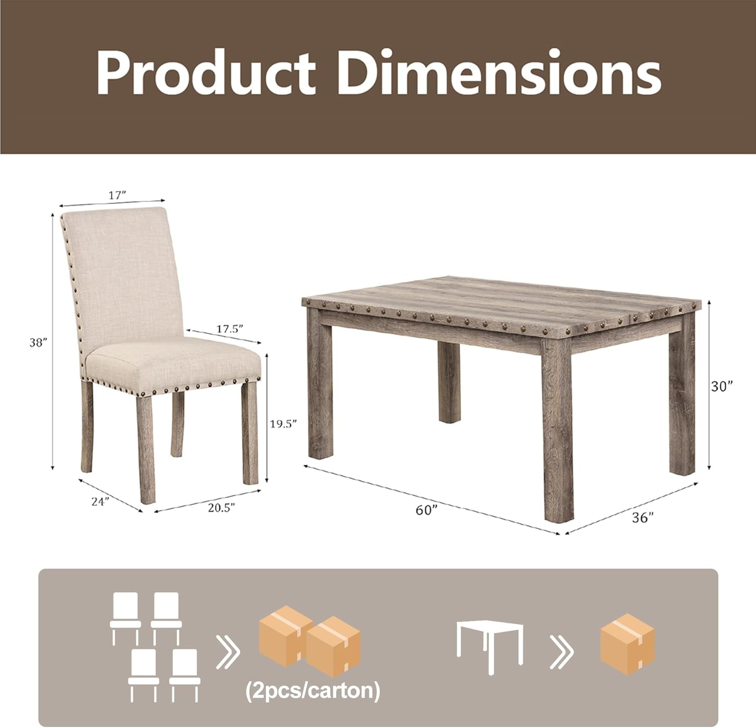 Farmhouse Dining Set for 4, 60" Rectangular Wooden Table & 4 Upholstered Chairs with Nailhead Accents, 5-Piece Kitchen Table Set for Dining Room, Breakfast Nook, Antique Rustic