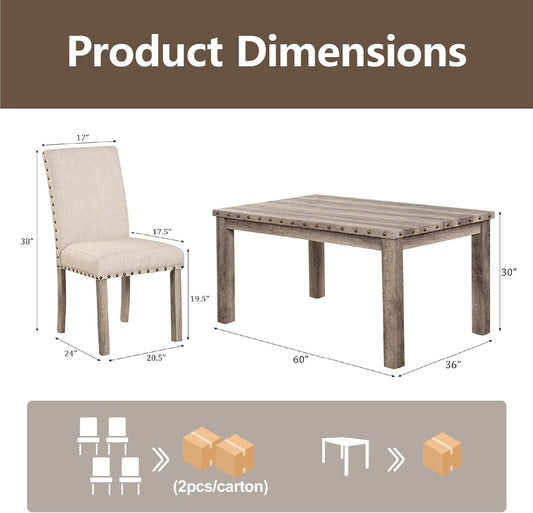 Farmhouse Dining Set for 4, 60" Rectangular Wooden Table & 4 Upholstered Chairs with Nailhead Accents, 5-Piece Kitchen Table Set for Dining Room, Breakfast Nook, Antique Rustic