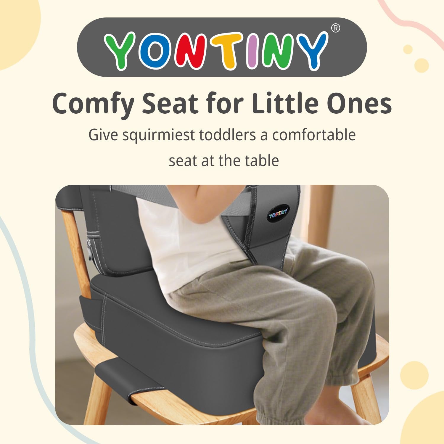 Toddler Booster Seat for Kitchen Chair, 2-In-1 Dining Table Booster Seat with Backrest & Adjustable Straps – Easy-Clean, PU Portable Toddler Eating Travel Increasing Cushion - Dark Grey