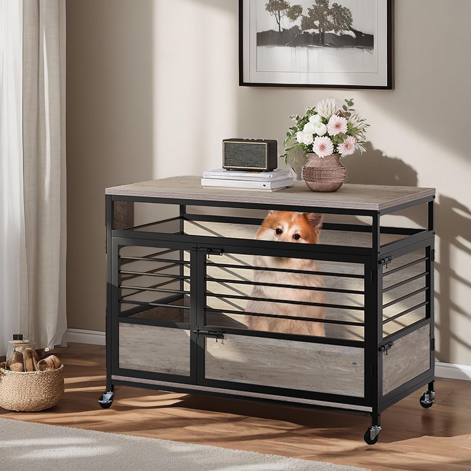 39" Dog Crate Furniture with Wheels, Heavy Duty Wood Dog Cage Table with Double-Doors Chew-Resistant Farmhouse Decorative Wooden Dog Kennel Indoor for Large and Medium Dogs, Grey