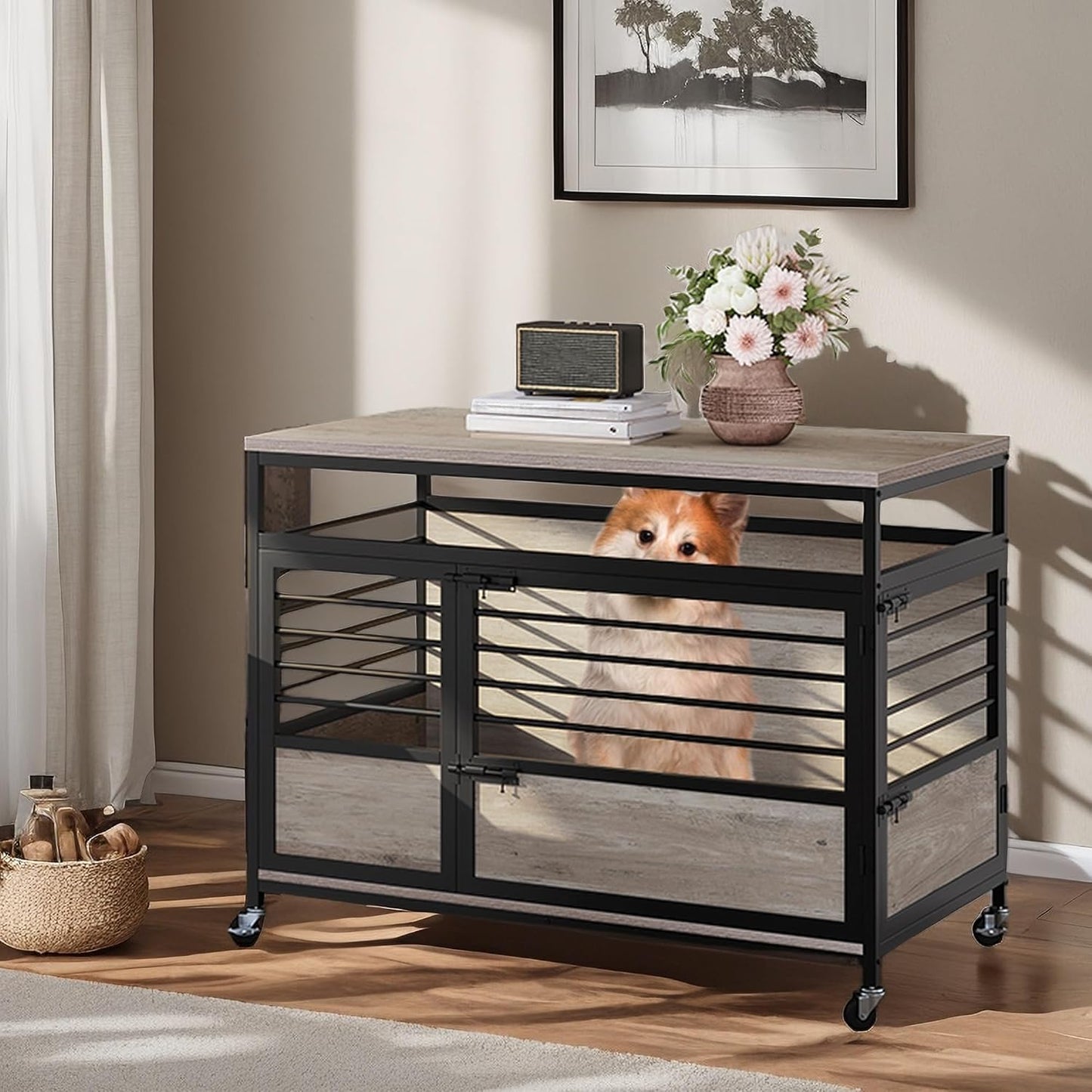 39 Inch Dog Crate Furniture with Storage Shelves, Wooden Dog Crate for Large Dogs with Power Outlets, Dog Kennel Indoor Farmhouse Decorative Dog Cage with Double-Doors Drawers, Rustic Brown