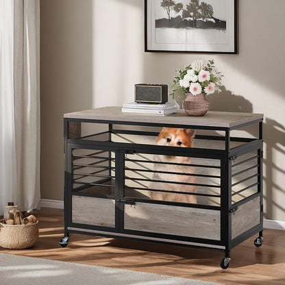 47 Inch Dog Crate End Table with Sliding Door, Heavy Duty Chew-Resistant Cage Furniture for Medium Large Dogs, Wooden Indoor Dog Kennel Furniture Decorative for Living Room, Black Walnut