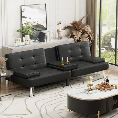 Faux Leather Futon Sofa Bed Futon Couch with Removable Armrests Adjustable Sleeper Sofa Bed with 2 Cup Holders for Living Room (PU Leather, Black)