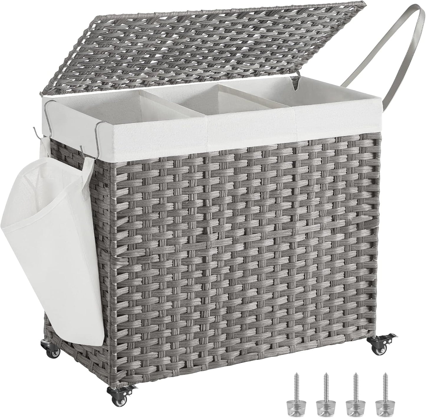 Laundry Hamper with Lid, 42.3 Gallons (160 L), Rolling Laundry Basket with Wheels, 3-Section Synthetic Rattan, Removable Liner, Bedroom, 27.6 X 14.2 X 26 Inches, Natural ULCB365N01