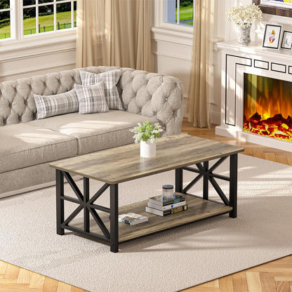 Coffee Table for Living Room with round Corners Farmhouse Style Center Table with Storage Shelf 39 Inch Space Saving Easy Assembly Gray Wash