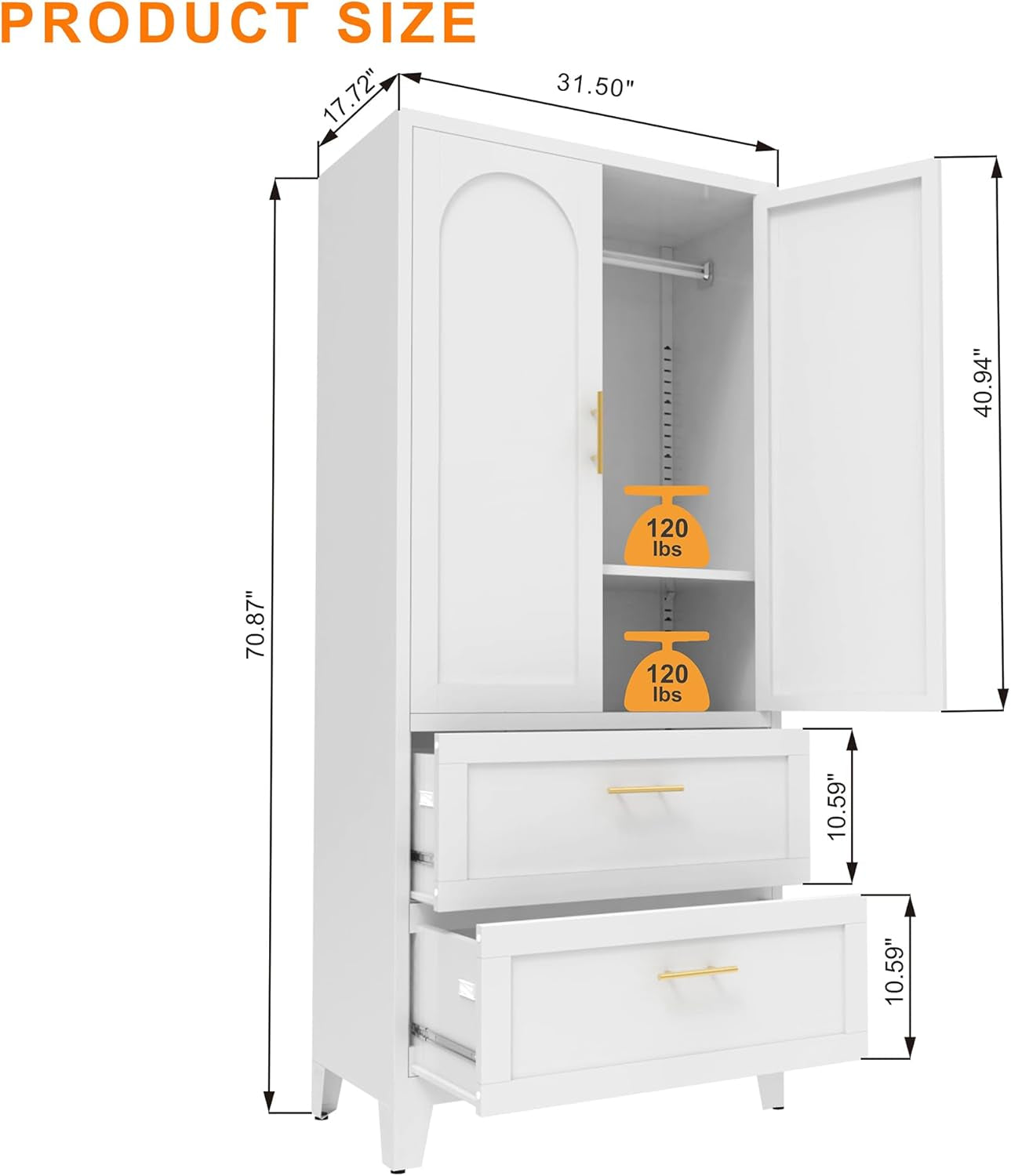71 Inch Tall Metal Wardrobe Cabinet with 2 Drawers & Hanging Rod, Freestanding Closet with Adjustable Shelf, Space-Saving Storage Organizer for Bedroom, Entryway, Office, White