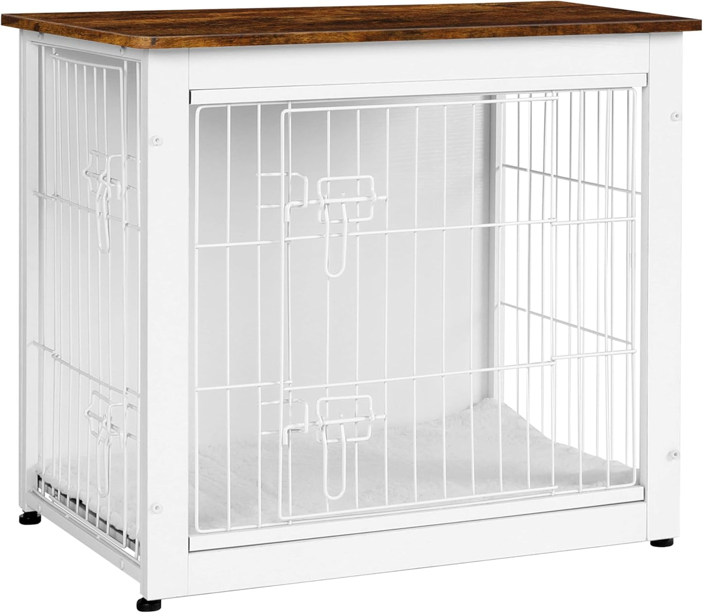 Dog Crate Furniture with Cushion, Wooden Kennel Table with Double Doors, Indoor Dog House, Small/Medium/Large Size, 27.2" L, White+Rustic Brown