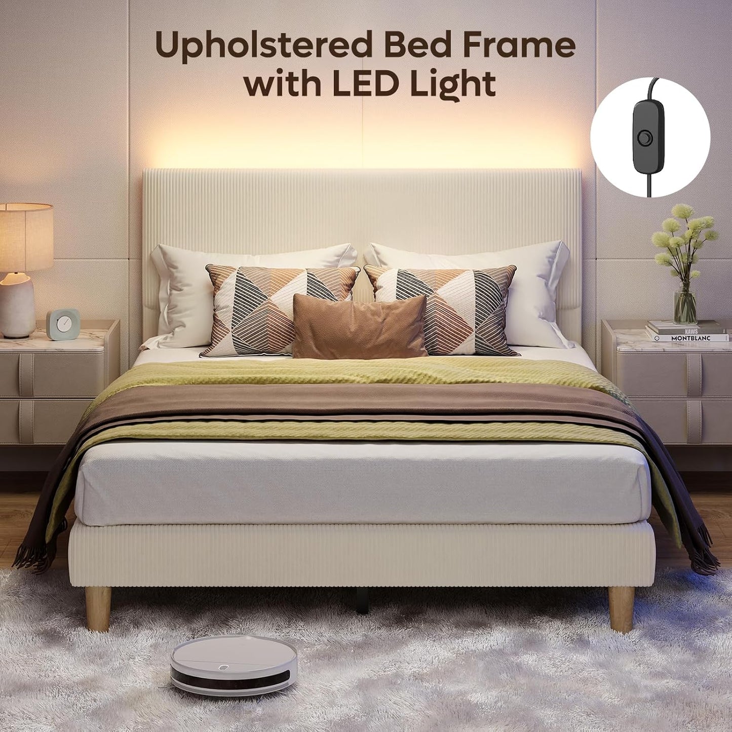 Queen Bed Frame with Adjustable Headboard, LED Lighting, Vertical Channel Tufted Corduroy Upholstered, Solid Wooden Slats Support, No Box Spring Needed, Never Squeaks, Easy Assembly, Beige