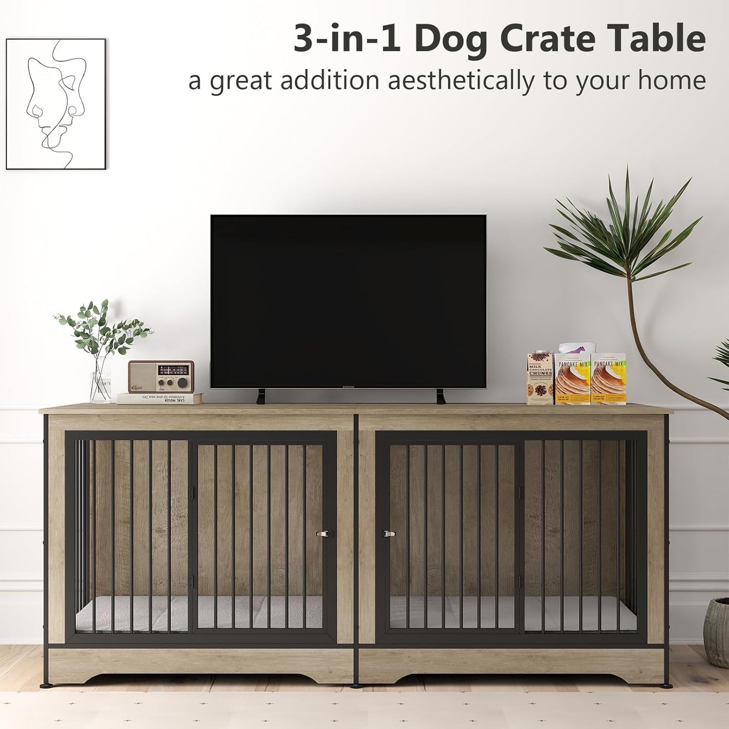 75 Inch Dog Crate Furniture for 2 Dogs, Wooden Dog Cage Furniture, Decorative Dog Kennels with Double Doors, Double Dog Kennel Furniture, Dog Crate TV Stand for Large Dogs, Grey