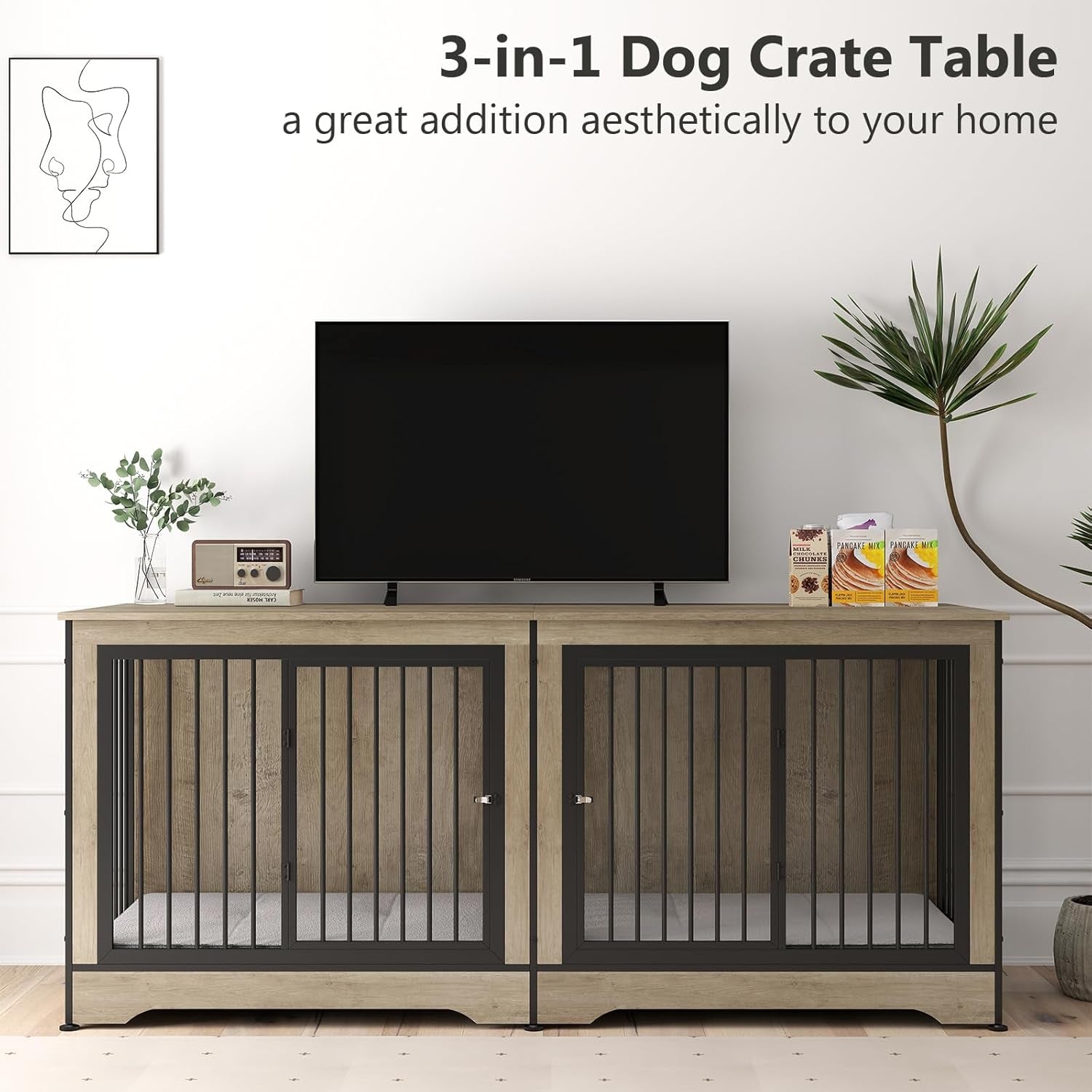 75 Inch Dog Crate Furniture for 2 Dogs, Wooden Dog Cage Furniture, Decorative Dog Kennels with Double Doors, Double Dog Kennel Furniture, Dog Crate TV Stand for Large Dogs, Grey