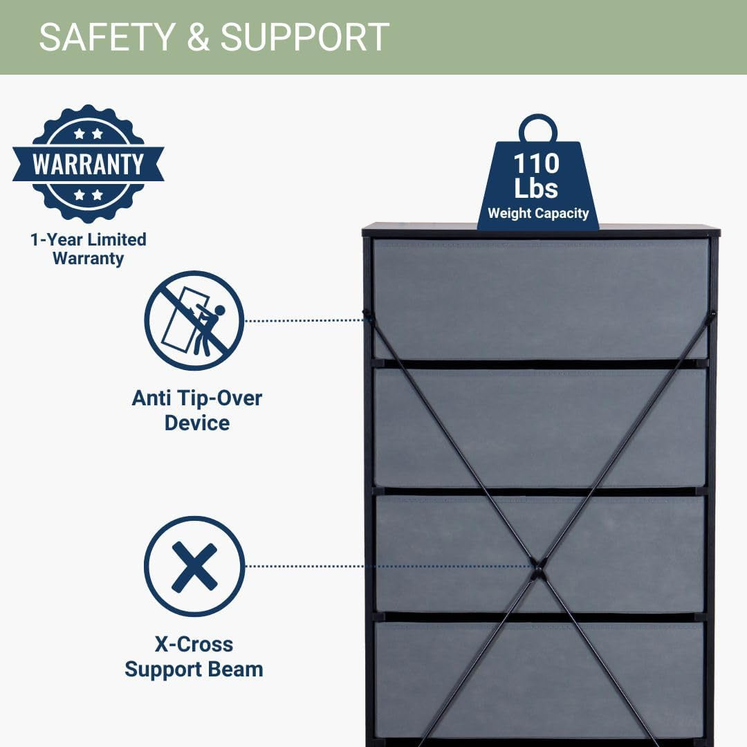 5-Drawer Dresser with Extra Large Fabric Drawers, Wood Frame Dresser with 5 Drawers for Bedroom or Living Room Storage, Hallway, Fabric Bins for Closet or Hallway Storage Organizer, Toy Chest, Black