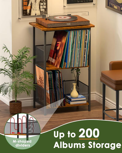 Vinyl Record Player Stand for 200 Albums - Solid Wood Turntable Table with Extended Desktop, Space-Saving LP Holder Cabinet for Living Room, Bedroom & Home Office