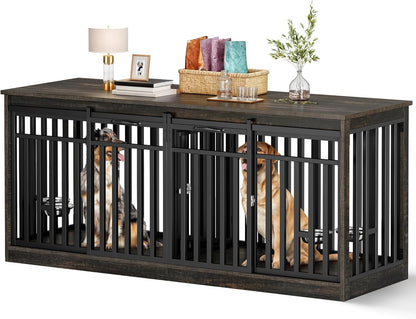 71" Double Dog Crate Furniture with LED Light & Power Outlets, Heavy Duty Dual Dog Kennel TV Stand W Storage Shelves Sliding Doors, Wooden Two Dog Cage Table 2 Medium Large Dogs, Rustic Brown