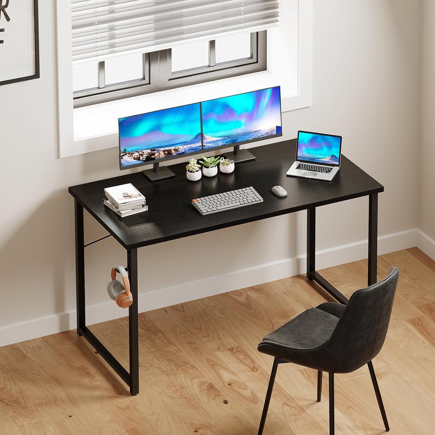 48 Inches Computer Desk for Small Spaces, Study Table for Home Office, Writing Desk with Headphone Hooks, Black
