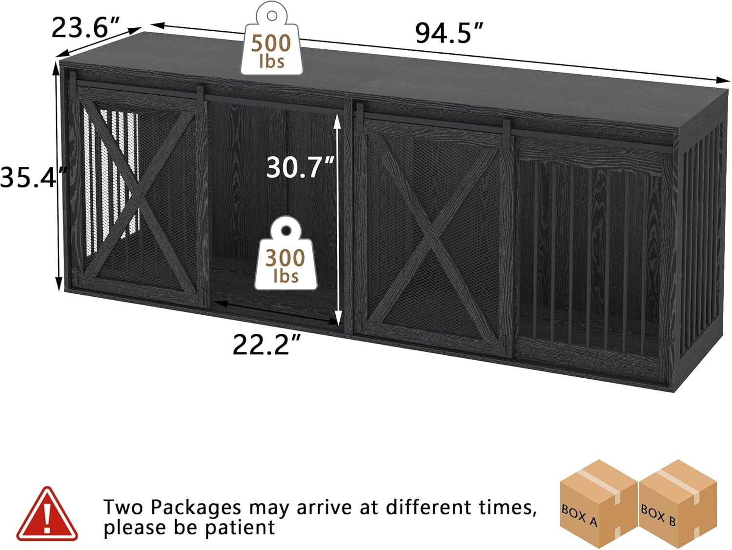 94.5" XXXL Dog Crate Furniture for 2 Large Dogs, Heavy Duty Double Dog Cage Extra Large Breed, 35.4" Tall Thick Wooden Dog Kennel TV Stand with Divider, Black