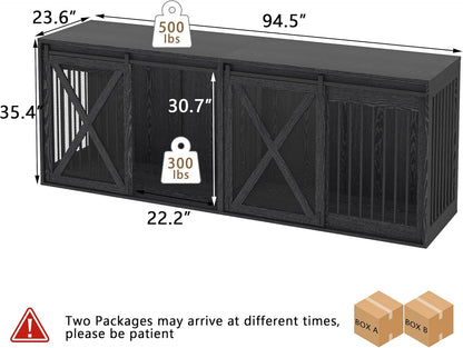94.5" XXXL Dog Crate Furniture for 2 Large Dogs, Heavy Duty Double Dog Cage Extra Large Breed, 35.4" Tall Thick Wooden Dog Kennel TV Stand with Divider, Black