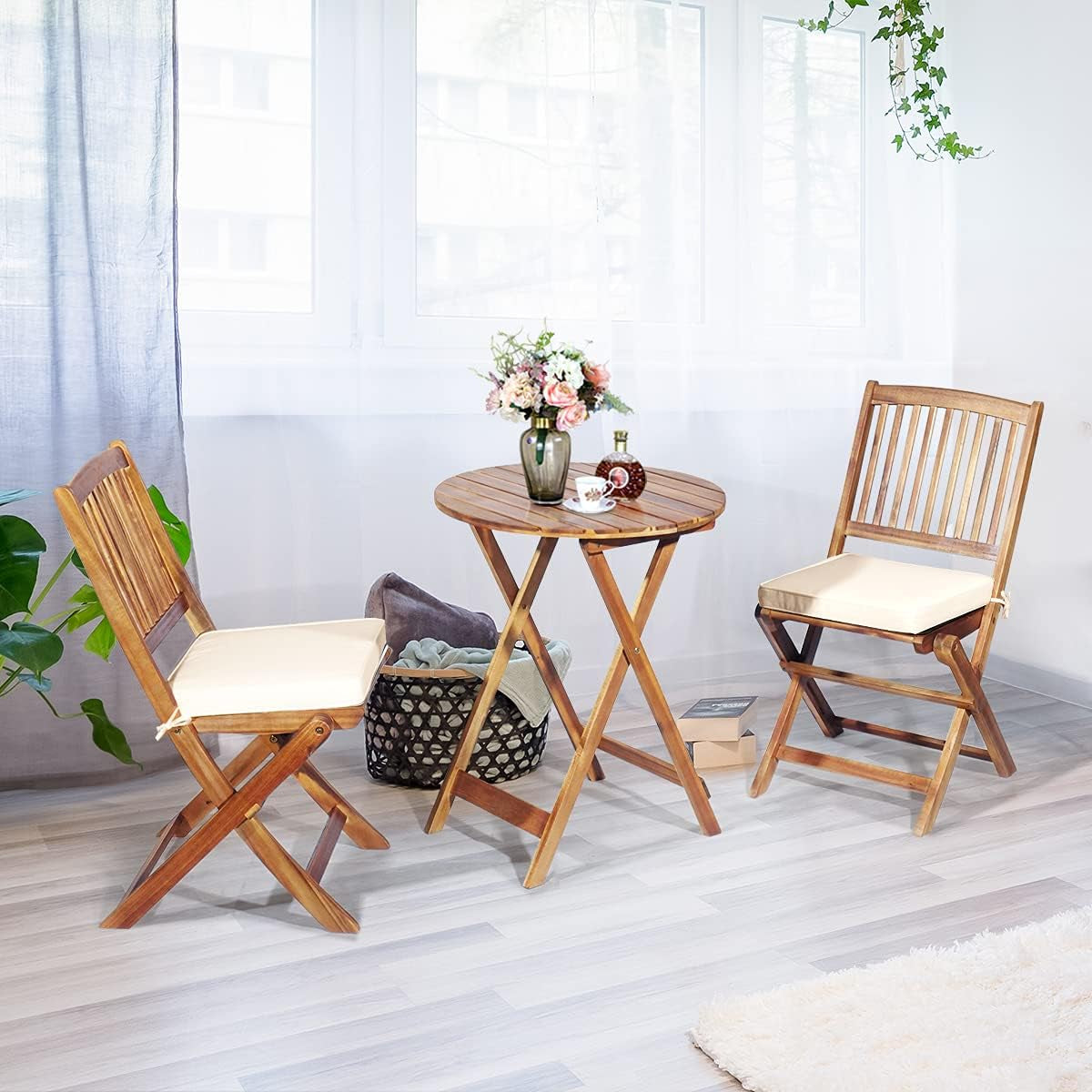 3-Piece Acacia Wood Folding Patio Bistro Set, Small Outdoor Balcony Furniture, round Coffee Table and 2 Chairs with Soft Cushions, Teak Table Set for Porch, Backyard, Deck (Cream White)