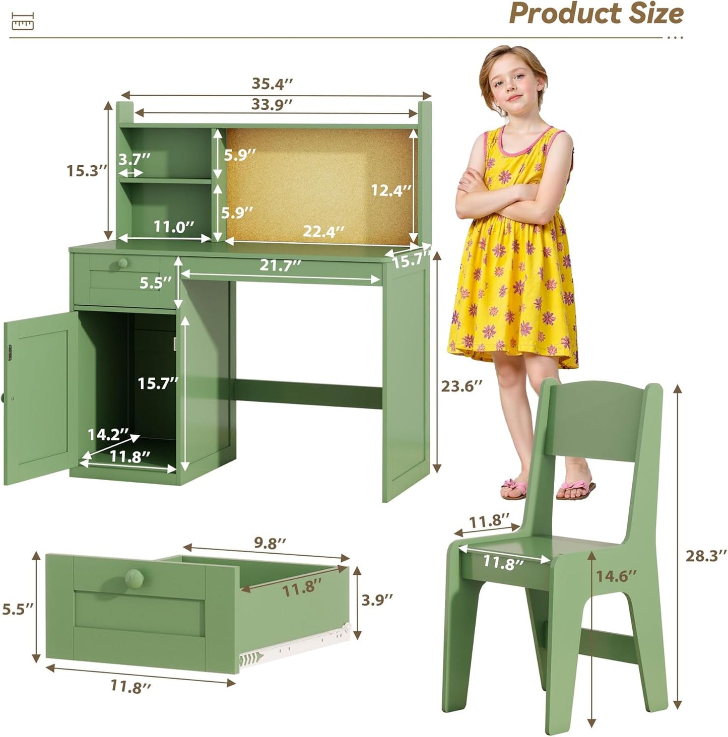 Kids Study Desk with Chair, Children Wooden Study Table with Hutch & Storage Cabinet, Kids Desk Chair Set for 5-12 Years Old, Student Writing Table Computer Workstation for Boys, Green