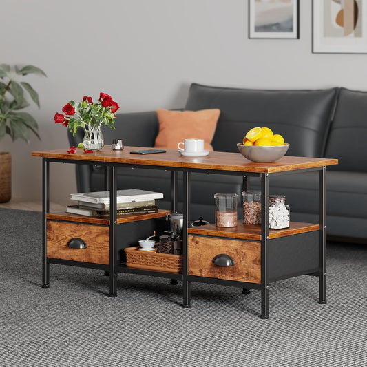 35" Coffee Table with 2 Storage Drawers, Small Coffee Tables for Living Room, Industrial Center Table with 2 Tier Storage Shelf, Rustic Brown