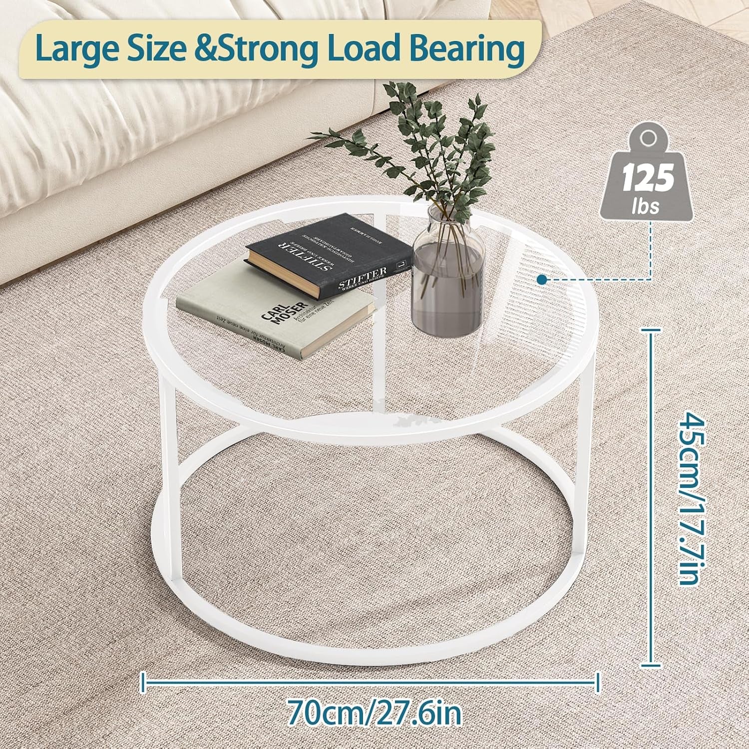 Round Glass Coffee Table for Living Room,Minimalist Modern Center Table with Metal Frame for Small Space,Easy Assembly,27 X 27In, White