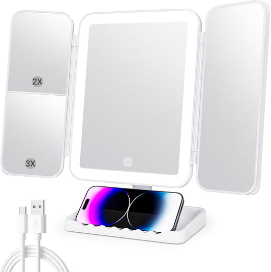 Makeup Mirror Vanity Mirror with Lights, 3 Color Lighting Modes, 1X/2X/3X Magnification, Tri-Fold, 360° Rotation, Phone Holder for Makeup, 2000Mah Rechargeable, Bedroom, Bathroom, (White)