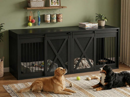 94.5In XXXL Double Dog Crate Furniture, Farmhouse Dog Kennel TV Stand for 2 Large Dogs, Heavy Duty Dog Cage Extra Large Breed with Divider & Sliding Metal Barn Door, Black