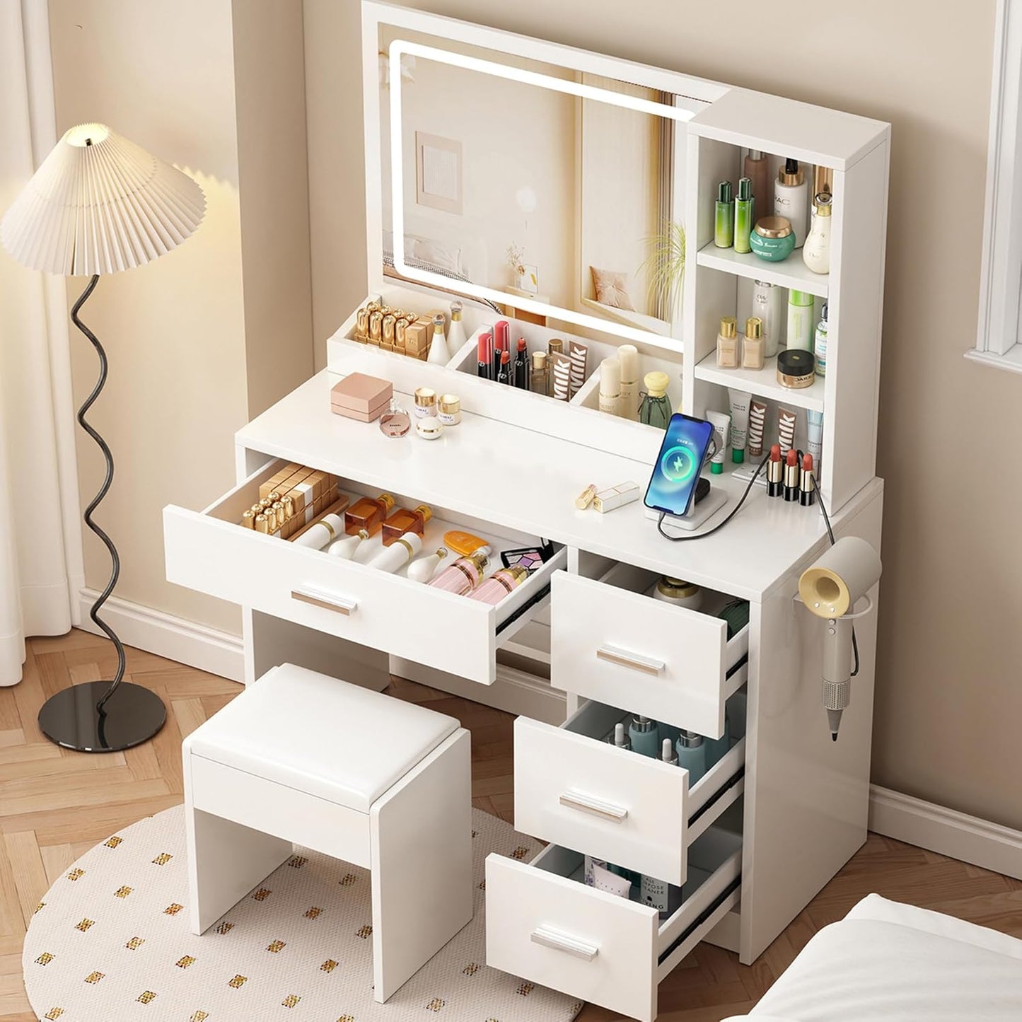 Vanity Desk with Mirror and Lights, 4 Drawers & Benches Vanity Desk Set, 3 Color Lighting Modes Adjustable Brightness Vanity for Bedroom Makeup Table