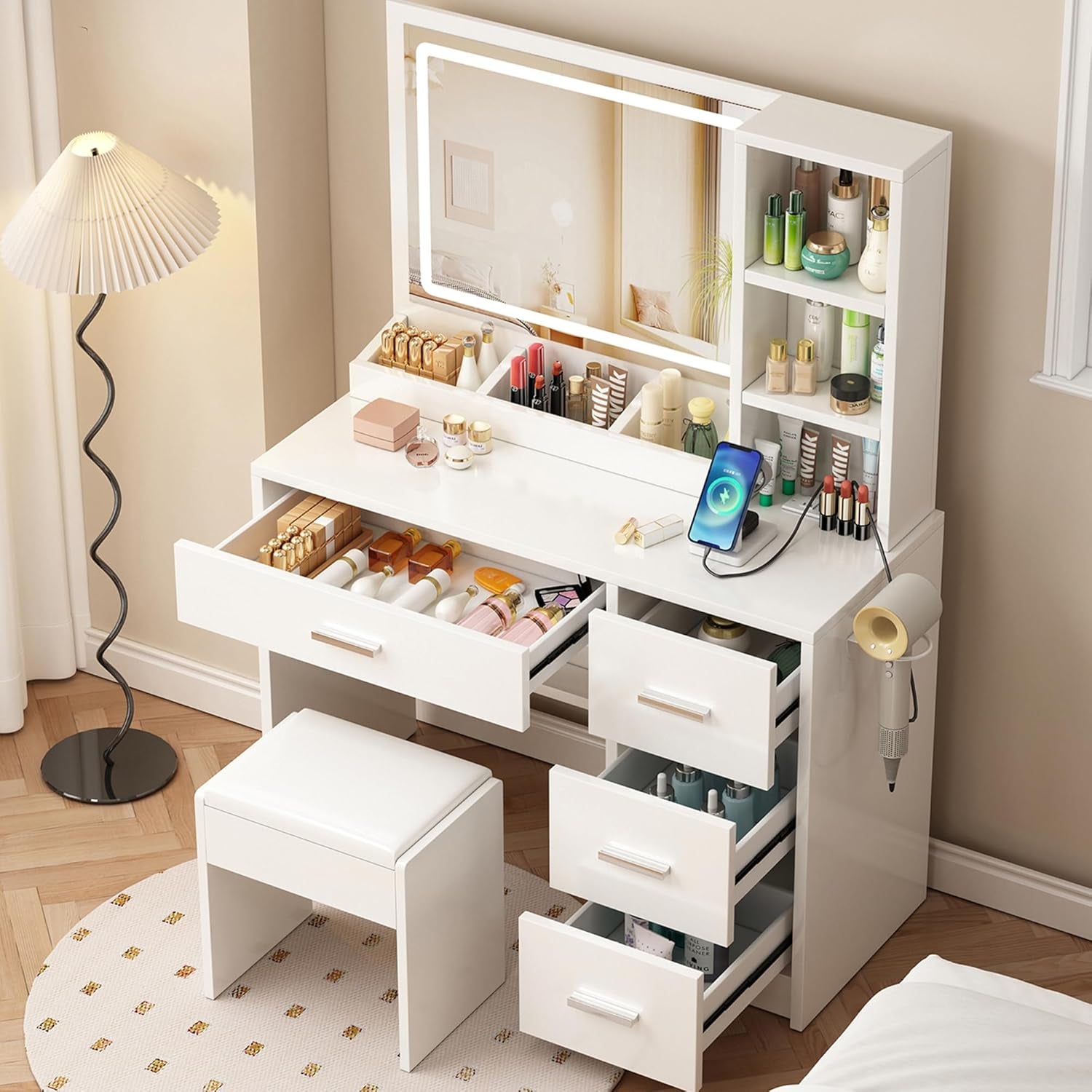 Vanity Desk with Mirror and Lights, 4 Drawers & Benches Vanity Desk Set, 3 Color Lighting Modes Adjustable Brightness Vanity for Bedroom Makeup Table