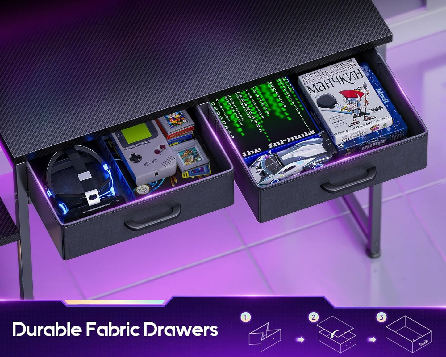 Gaming Desk with Led Lights & Power Outlet, 55 Inch Computer Desk with Drawers, Office Desk with Large Display Storage Shelves, Reversible Desk with Monitor Stand for Home, Carbon Fiber Black