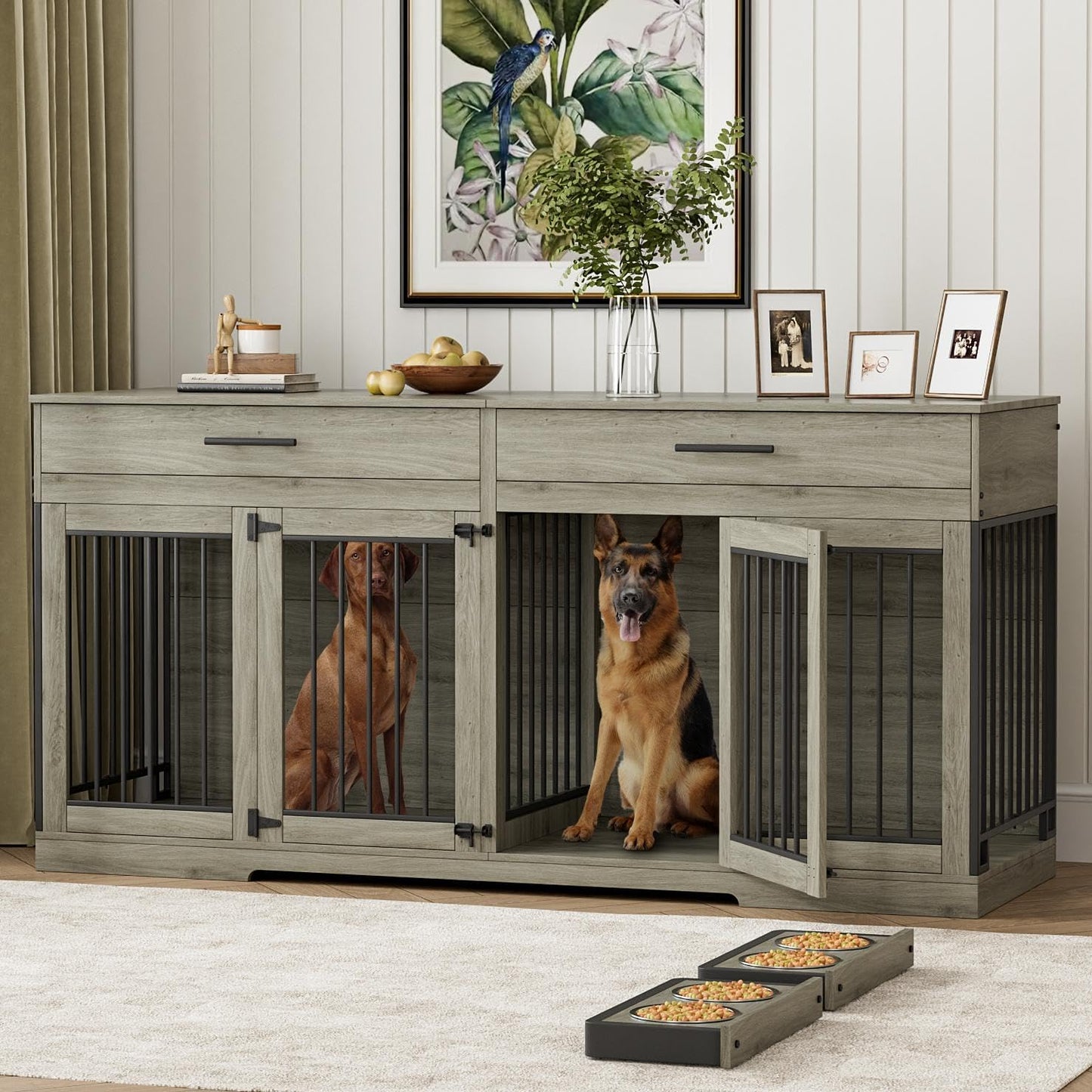 72" Dog Crate Furniture for 2 Dogs, Large Double Dog Kennel Indoor Furniture with 2 Storage Drawers and Removable Divider, Wooden Dog Cage with 4 Bowls, Dog House TV Stand for Medium Dog, Grey