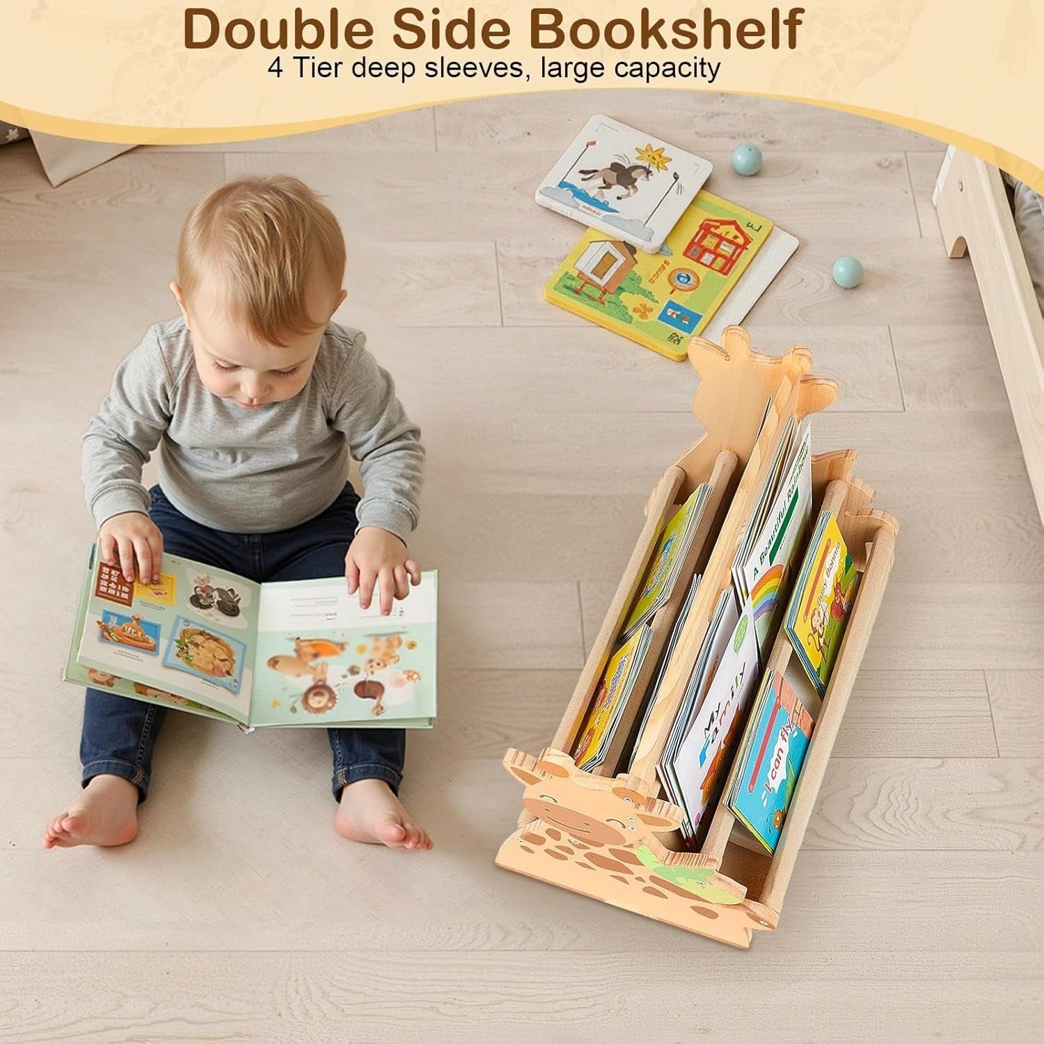 Toddler Bookshelf Double-Sided with 4 Tier Deep Sleeves Kids Wooden Montessori Book Rack for Baby Nursery Room, Playroom, Classroom or Bedroom Bookcase Storage Organizer, Light Wood Giraffe