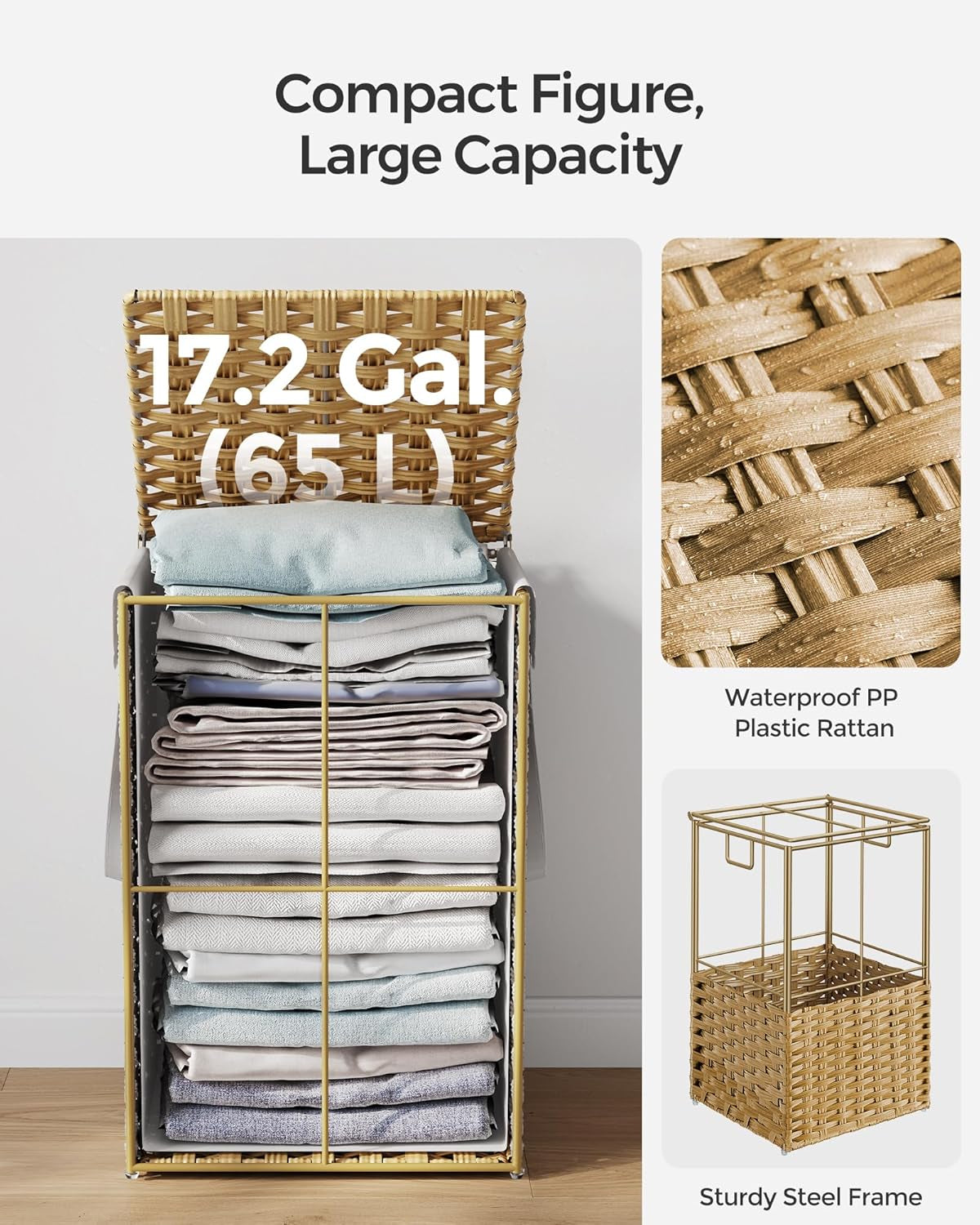 Laundry Hamper with Lid, 17.2 Gallon (65 L) Synthetic Rattan Clothes Laundry Basket with Lid and Handles, Foldable, Removable Liner, Goose Yellow ULCB165N01