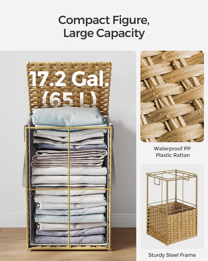 Laundry Hamper with Lid, 17.2 Gallon (65 L) Synthetic Rattan Clothes Laundry Basket with Lid and Handles, Foldable, Removable Liner, Goose Yellow ULCB165N01