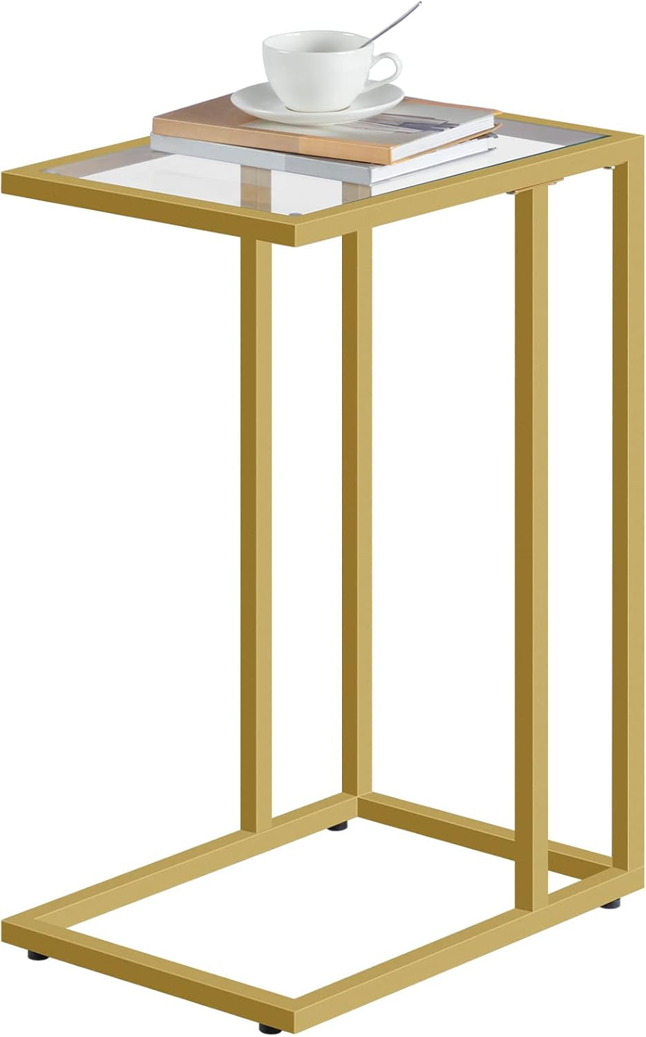 C Shaped End Table, Tempered Glass Snack Side Table with Metal Frame, TV Tray Table for Small Space, Sofa Couch and Bed, Modern Style, Gold GD03SF01G1