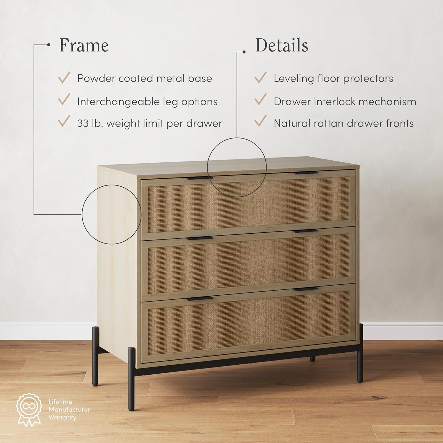 Andrew 3-Drawer Rattan Dresser or Bohemian Living Room Storage Cabinet with Natural Rattan Accent and Metal Legs, Light Oak/Black, Set of 2