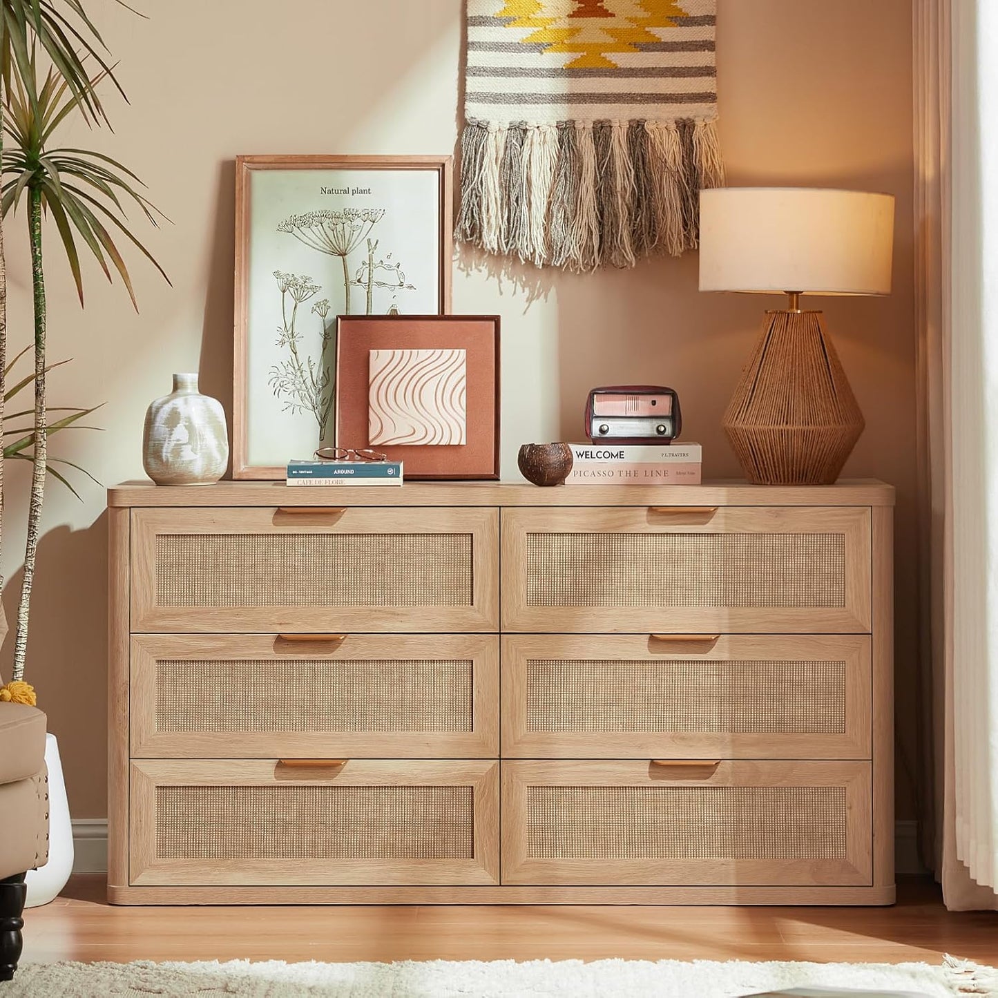 Rattan 6 Drawer Dresser for Bedroom, Boho 54" Wide Natural Wood Dresser Chest of Drawers, Dressers TV Stand with Metal Handle, Storage Dressers Closet Organizer for Living Room, Hallway