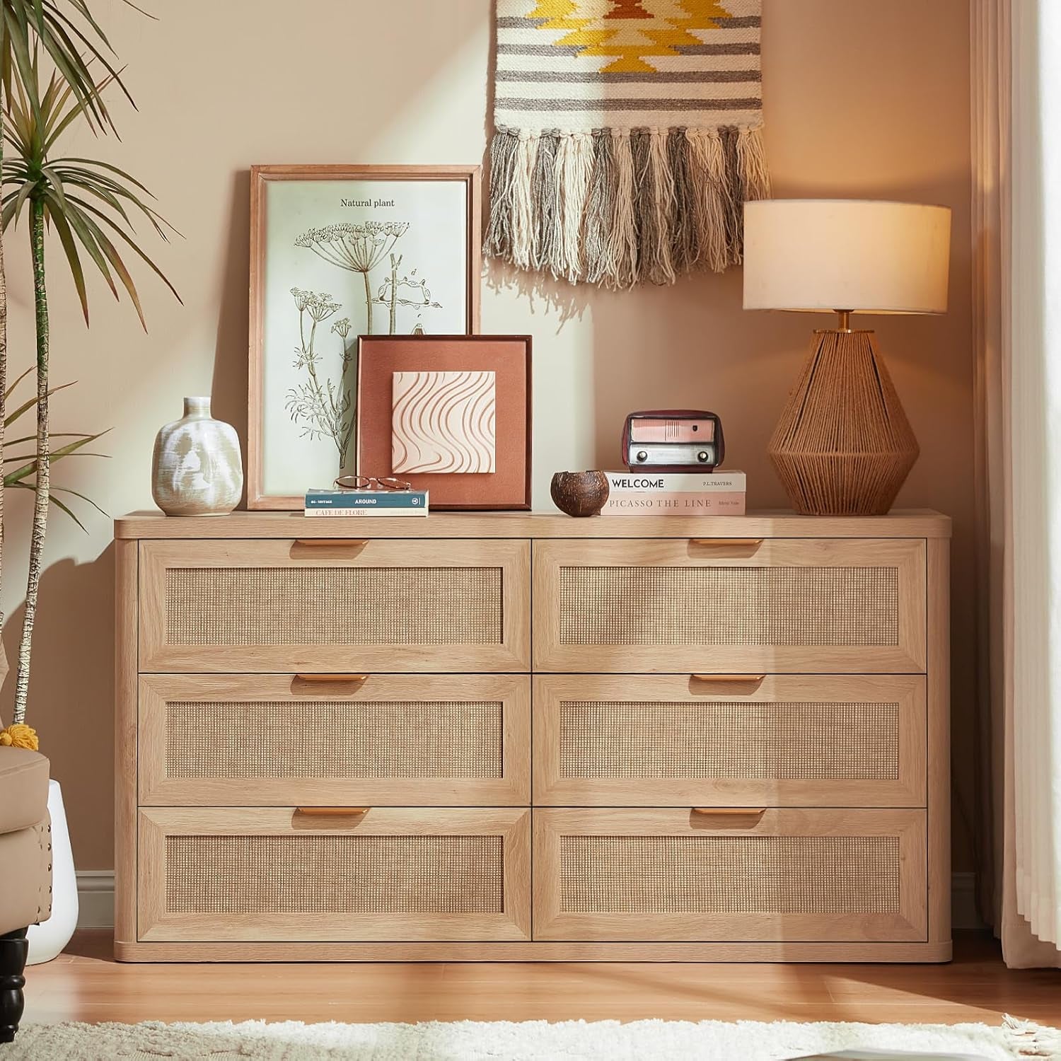 Rattan 6 Drawer Dresser for Bedroom, Boho 54" Wide Natural Wood Dresser Chest of Drawers, Dressers TV Stand with Metal Handle, Storage Dressers Closet Organizer for Living Room, Hallway