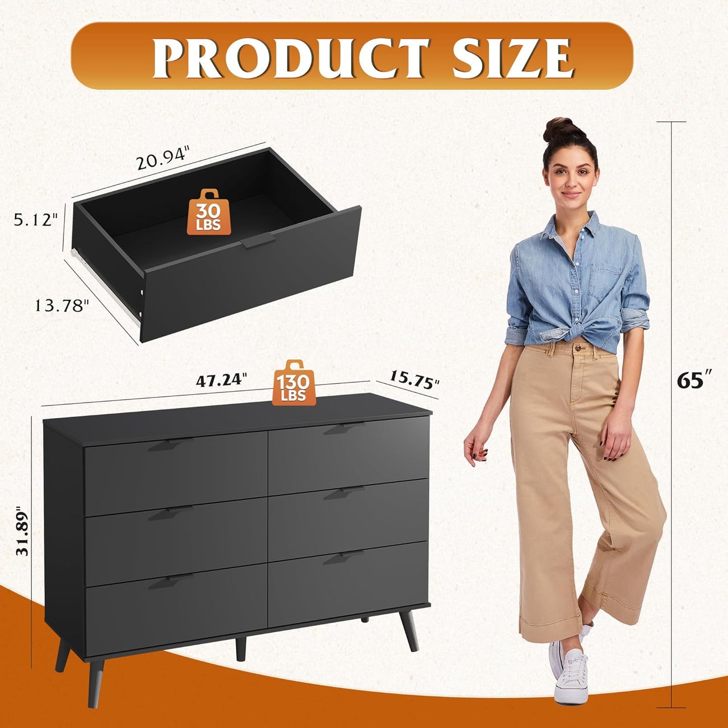 Black Dresser for Bedroom, 47.24'' Wide 6 Drawer Wood Dresser Storage Organizer with Sturdy Metal Handle, TV Stand for 55 Inch TV, Chest of Drawers for Living Room, Hallway, Closet