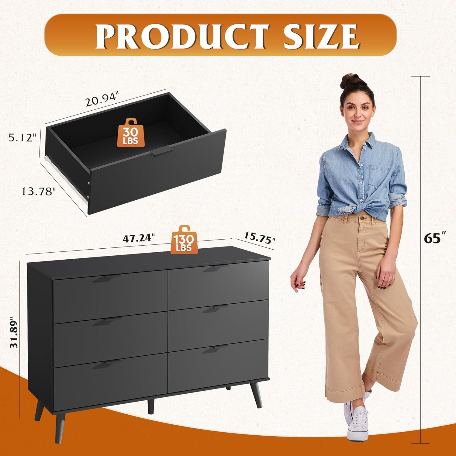 Black Dresser for Bedroom, 47.24'' Wide 6 Drawer Wood Dresser Storage Organizer with Sturdy Metal Handle, TV Stand for 55 Inch TV, Chest of Drawers for Living Room, Hallway, Closet