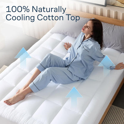 Cloud-Like Queen Mattress Topper - 100% Cotton Top Mattress Pad for Back Pain Relief - Breathable & Naturally Cooling for Hot Sleepers, White