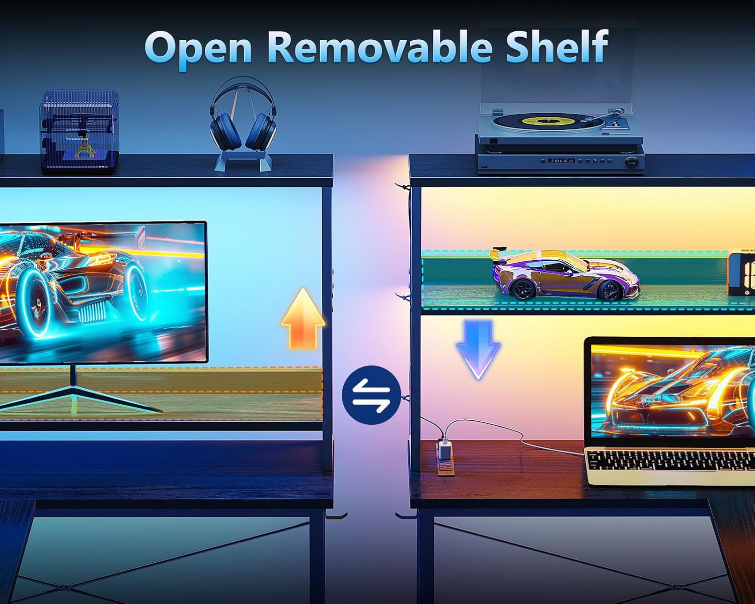 Gaming Desk with Power Outlets & LED Lights, 43 Inch Reversible L Shaped Computer Desk with Shelves & Storage Bag, Corner Desk for Home Office, Black