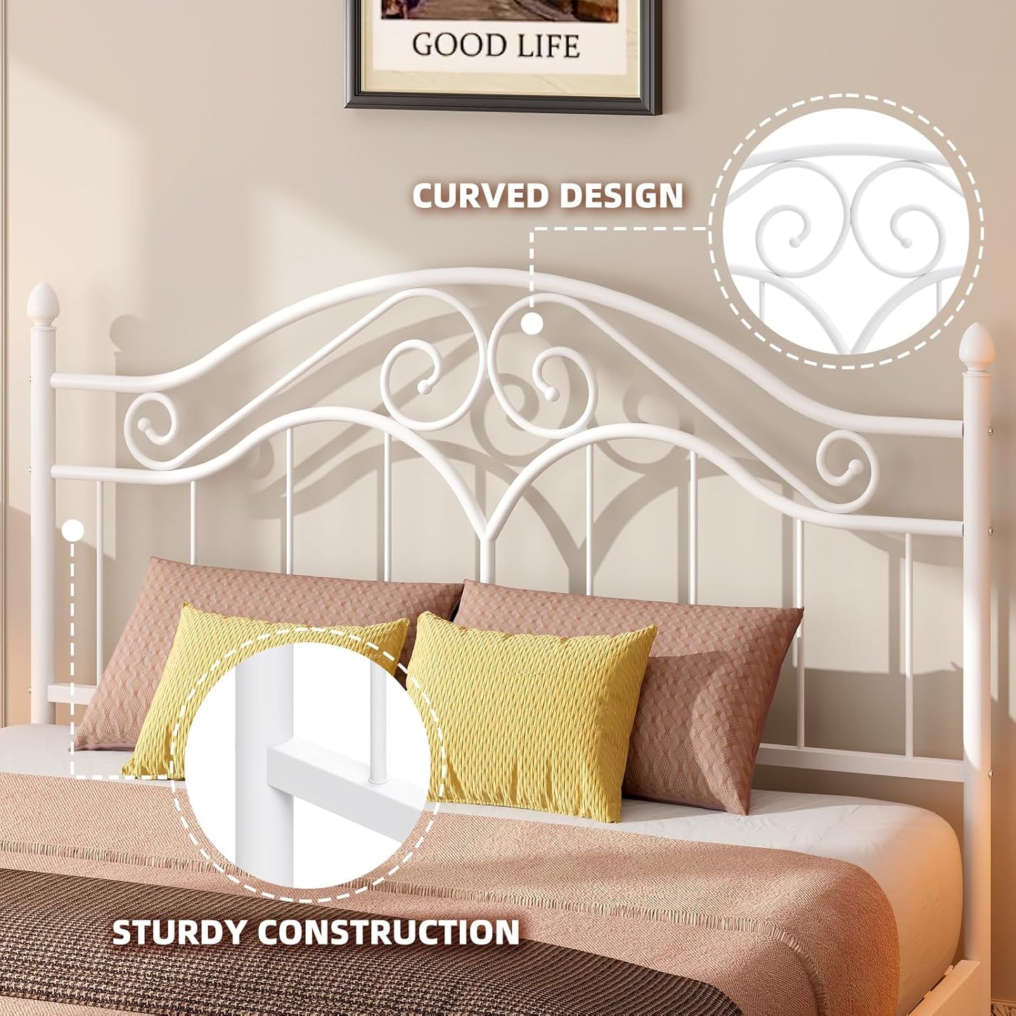 Headboard for Queen Size Bed Frame, Vintage Platform Bed Metal Headboard Only, Height Adjustable, Sturdy and Stable, Queen Size, Easy Assembly,White