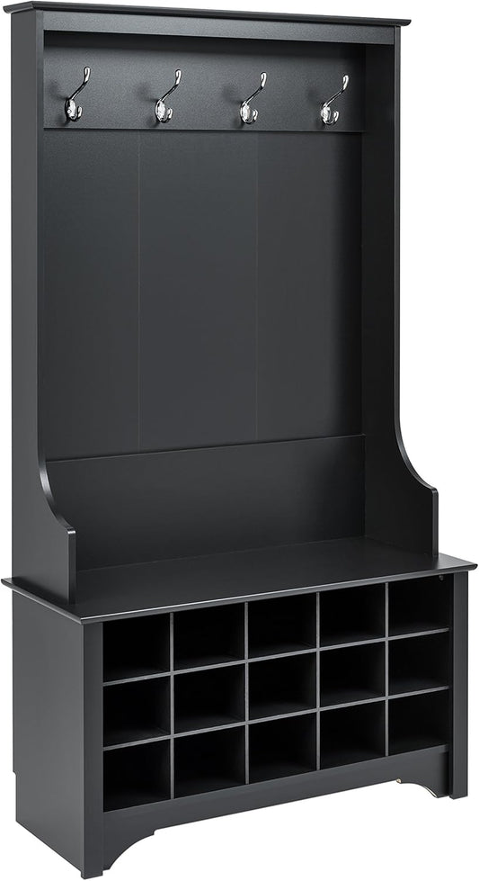 Entryway Organizer, Coat Rack, Hall Tree Features 4 Hooks for Coat Storage, & Hanging Bags; Furniture for Entryway with Bench & 15 Cubbies for Shoe Storage, 38” W X 68” H X 15.5” D, Black