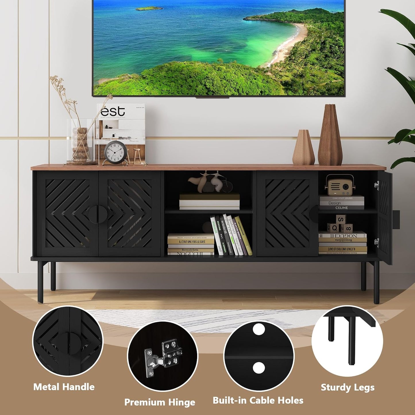 63" Modern TV Stands for Living Room, Long Entertainment Center with Storage, TV Console for 55 60 65 70 Inch TV, Bedroom TV Cabinet with Doors, Wood Media Console, Television Stand, Black