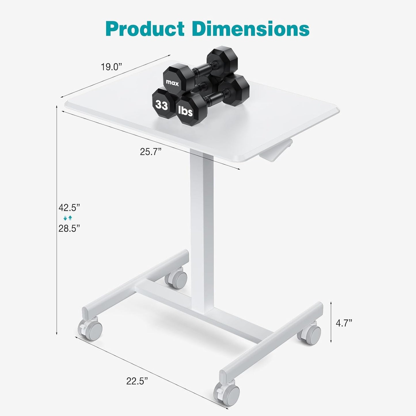 Small Standing Desk Mobile Portable Rolling Laptop PC Table on Wheels Adjustable Height Computer Workstation for Home Office, 19 Inch, Modern White