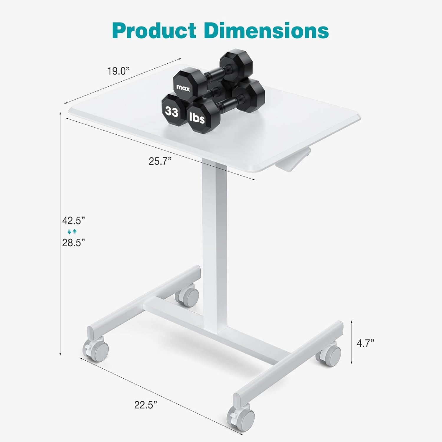 Small Standing Desk Mobile Portable Rolling Laptop PC Table on Wheels Adjustable Height Computer Workstation for Home Office, 19 Inch, Modern White