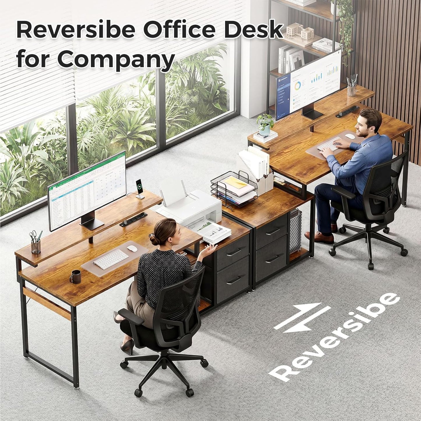 Computer Desk with Printer Storage Shelf, 56 Inch Office Desk with Drawers & Power Outlet, Reversible Desk Space-Saving Workstation with Individual PC Stand, Rustic Brown