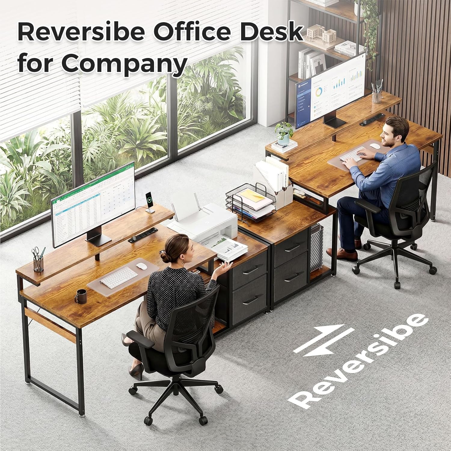 Computer Desk with Printer Storage Shelf, 56 Inch Office Desk with Drawers & Power Outlet, Reversible Desk Space-Saving Workstation with Individual PC Stand, Rustic Brown