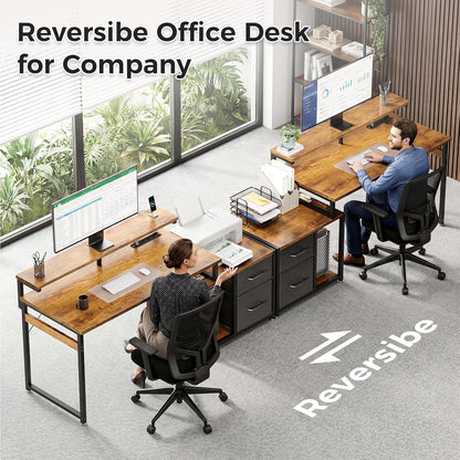 Computer Desk with Printer Storage Shelf, 56 Inch Office Desk with Drawers & Power Outlet, Reversible Desk Space-Saving Workstation with Individual PC Stand, Rustic Brown