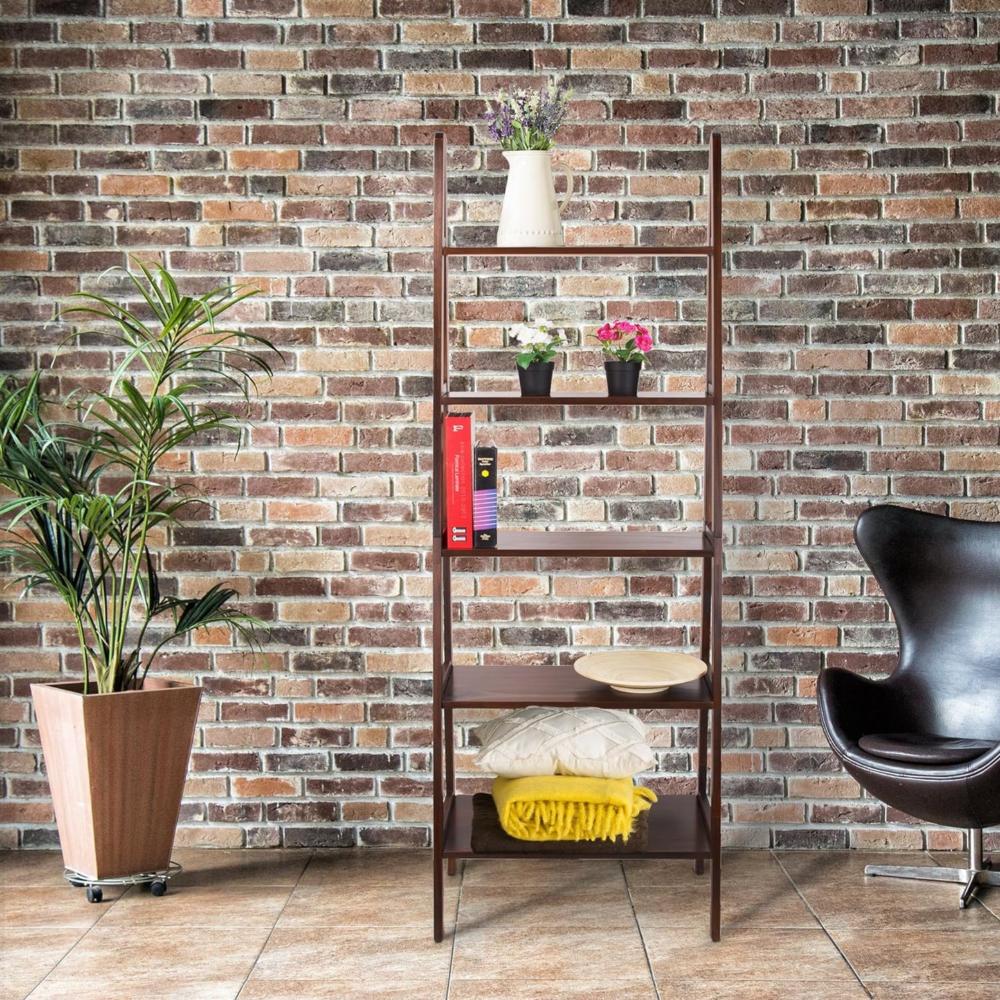 100% Solid Wood 5-Shelf Ladder Bookcase, 24.75"W X 16"D X 72"H, Warm Brown, 5-Tier Freestanding Ladder Shelf